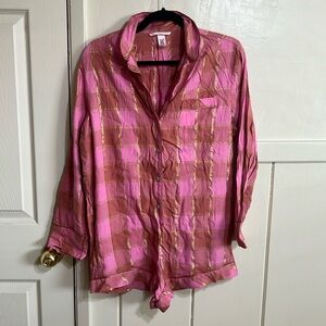 Victoria's Secret Women’s Long Sleeve Button-Up Pajama Romper S Pink Plaid B19